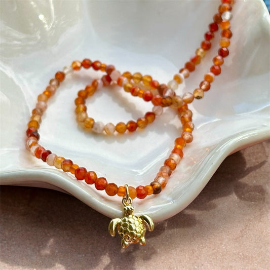 Gemstone Choker - Red Aventurine & Turtle Charm