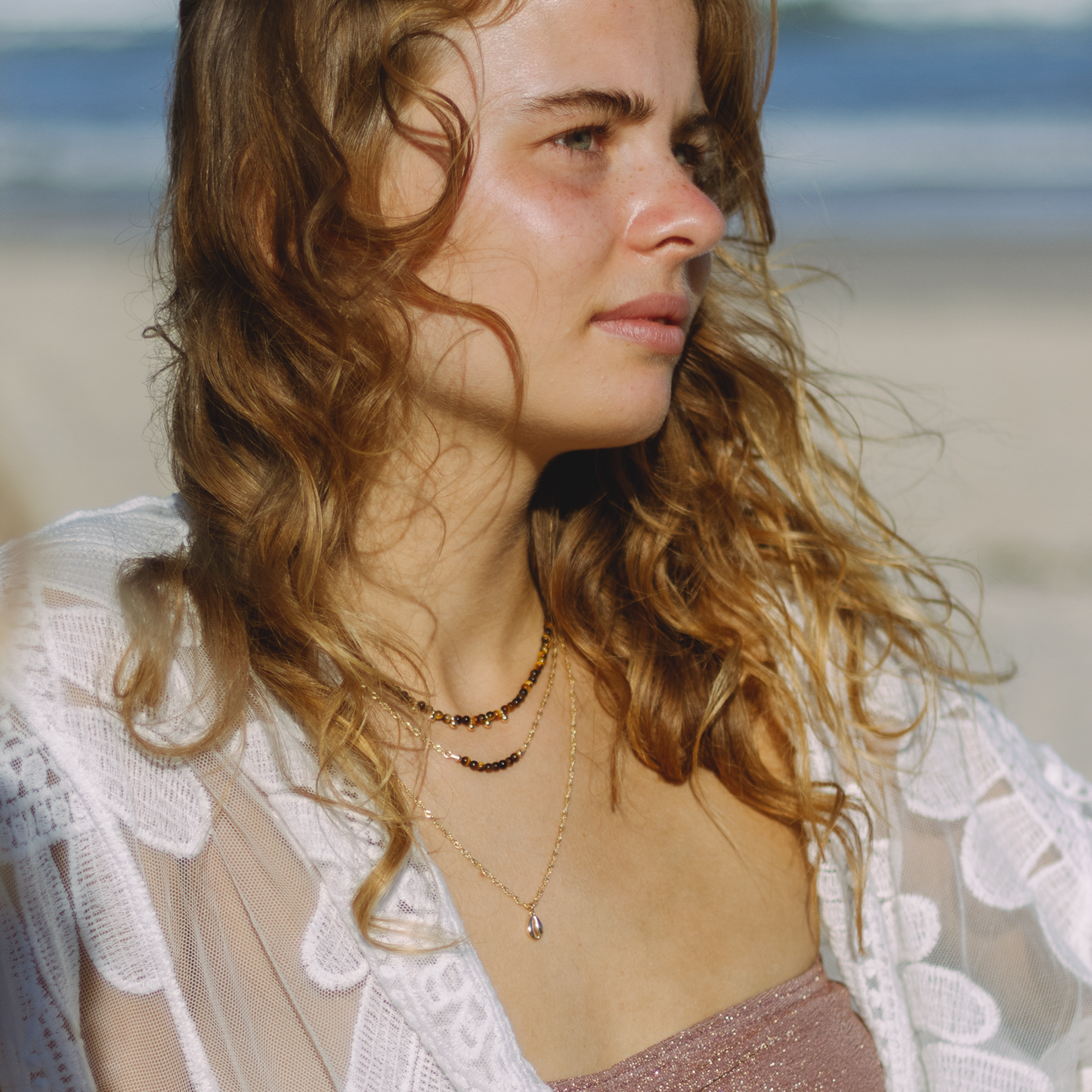 Gemstone Necklace | Round Shell Charm