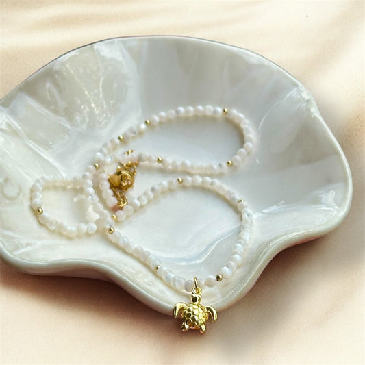 Gemstone Choker - White Jade & Turtle Charm