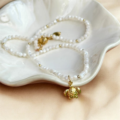 Gemstone Choker - White Jade & Turtle Charm