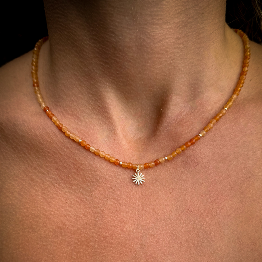 Gemstone Choker - Orange Aventurine & Daisy Flower